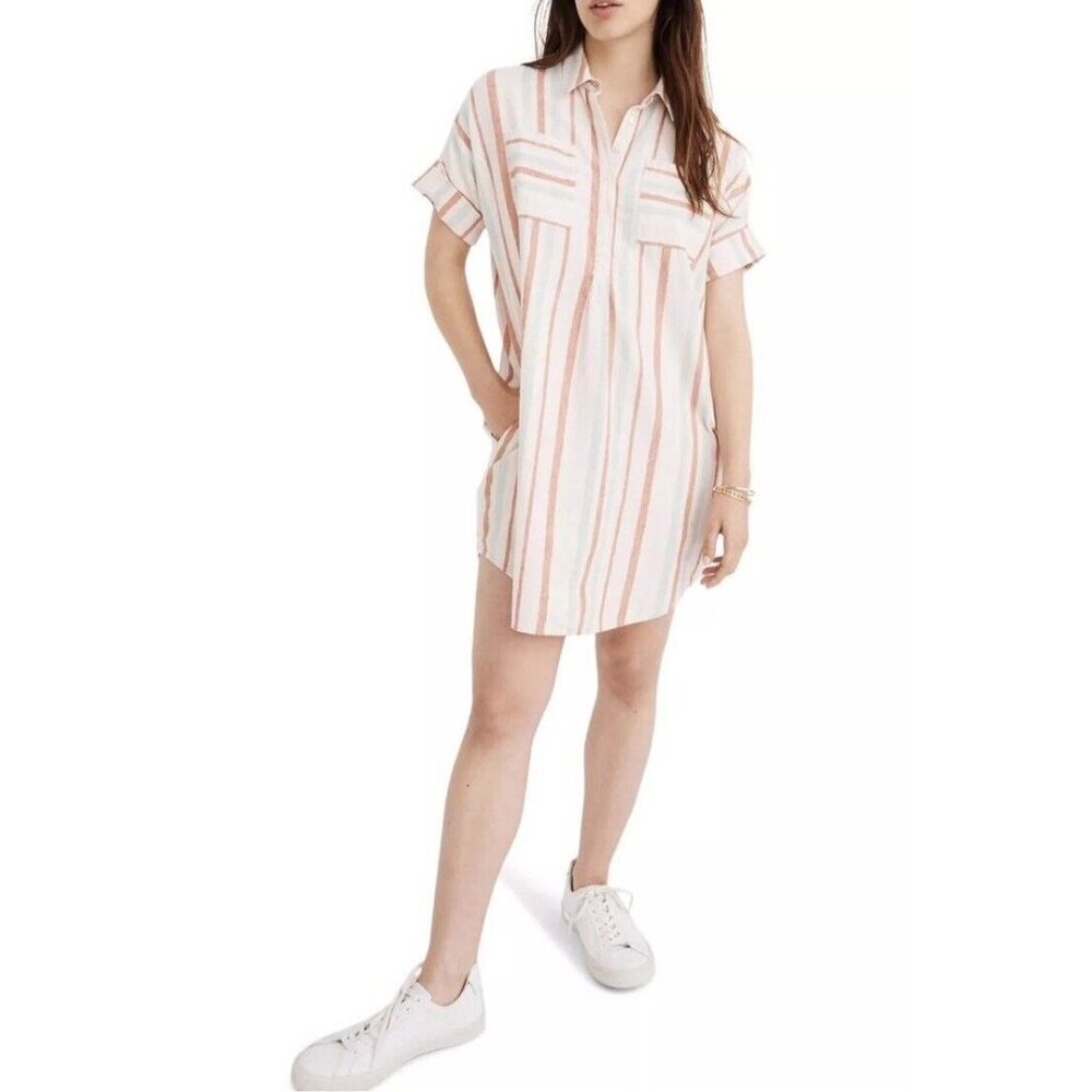 Madewell Courier Stripe‎ Neutral Multicolor Linen Cotton Popover Dress Size XS